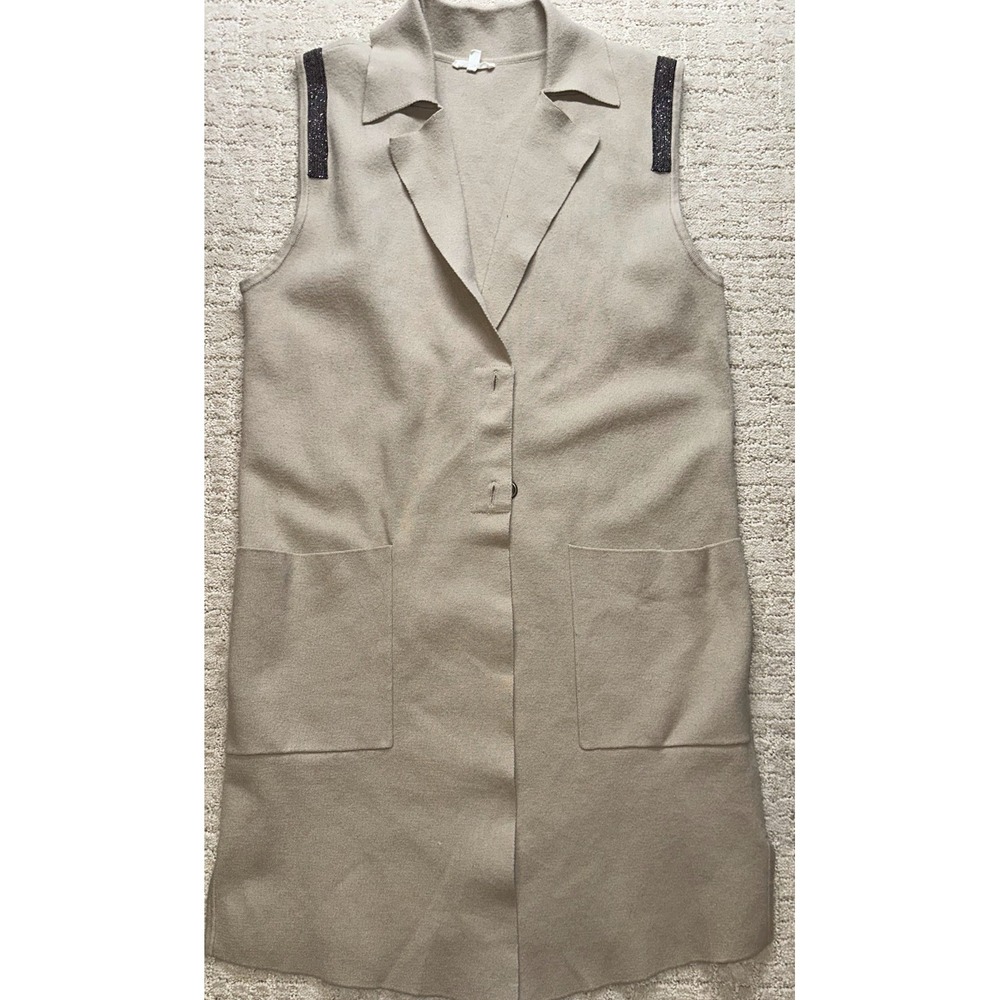 Joh. Longline Knit Vest Women Size S‎ Tan Beaded Shoulder Detail